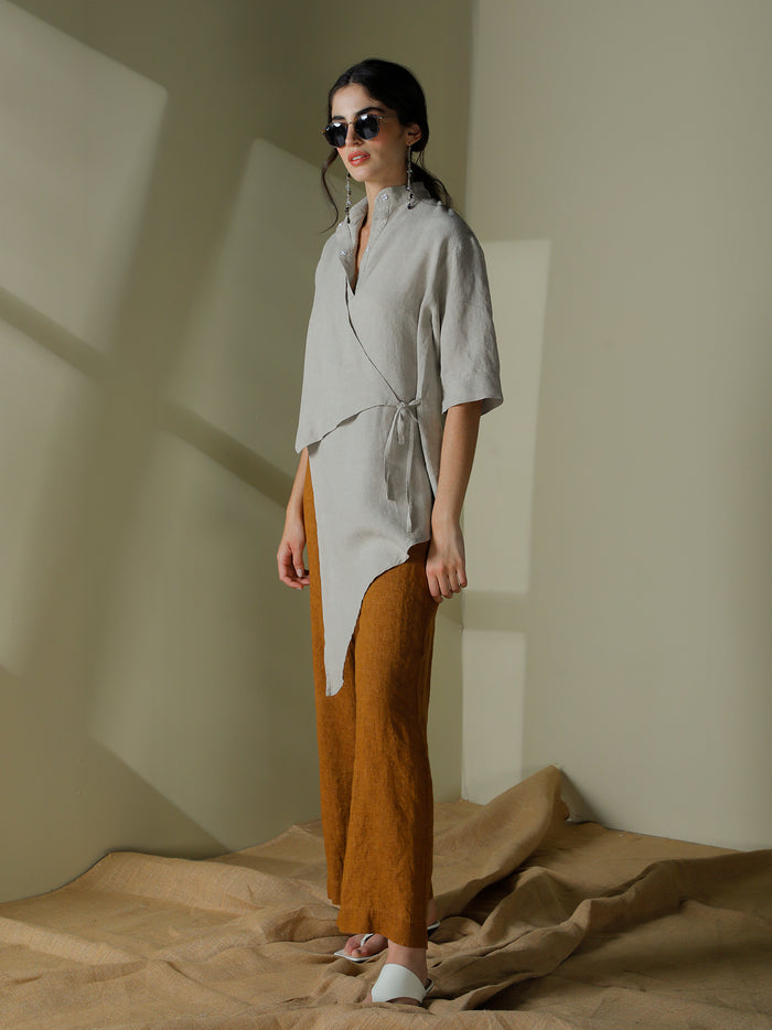 Asymmetrical wrap blouse in linen