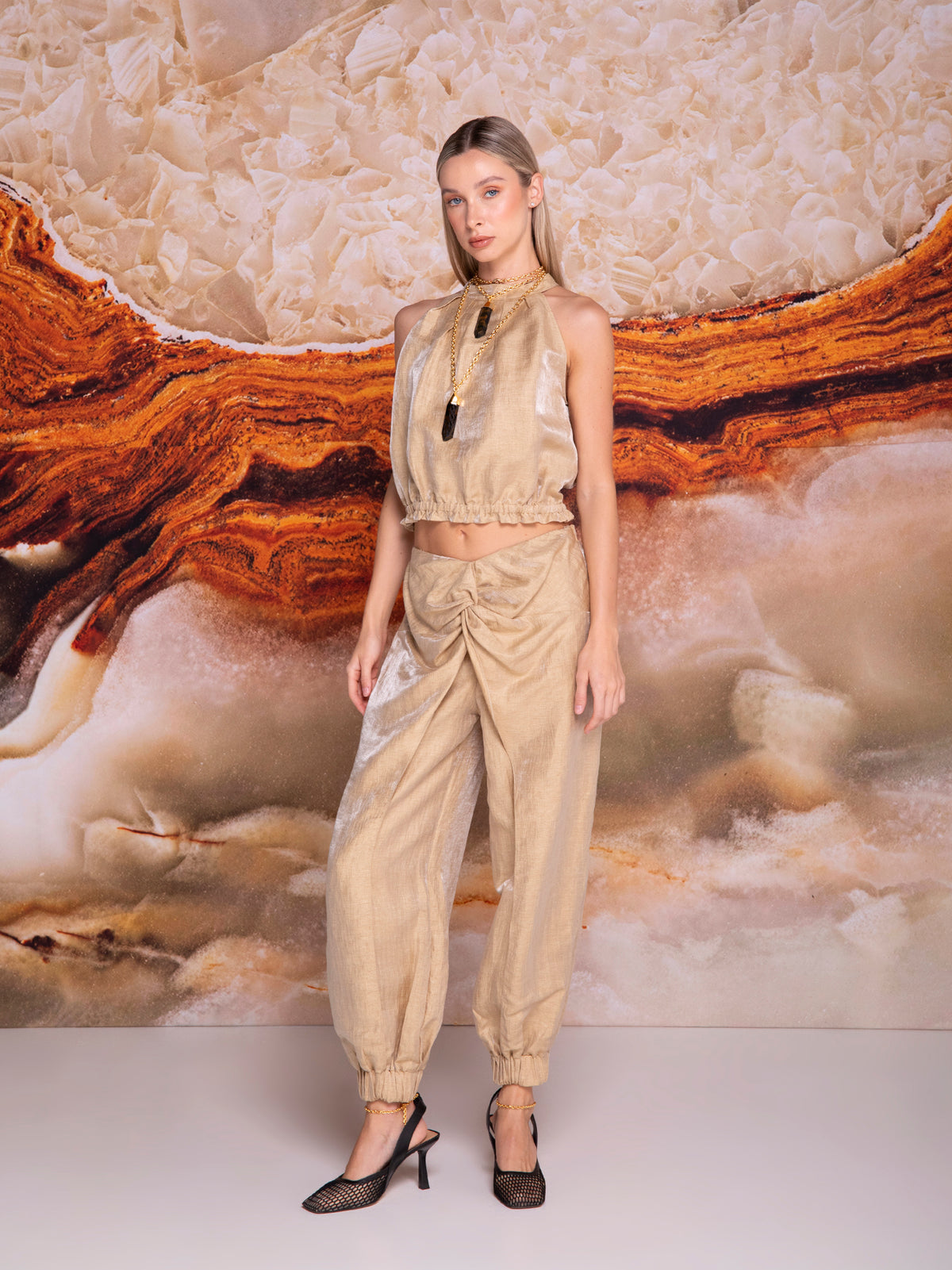 Short halter blouse in iridescent linen