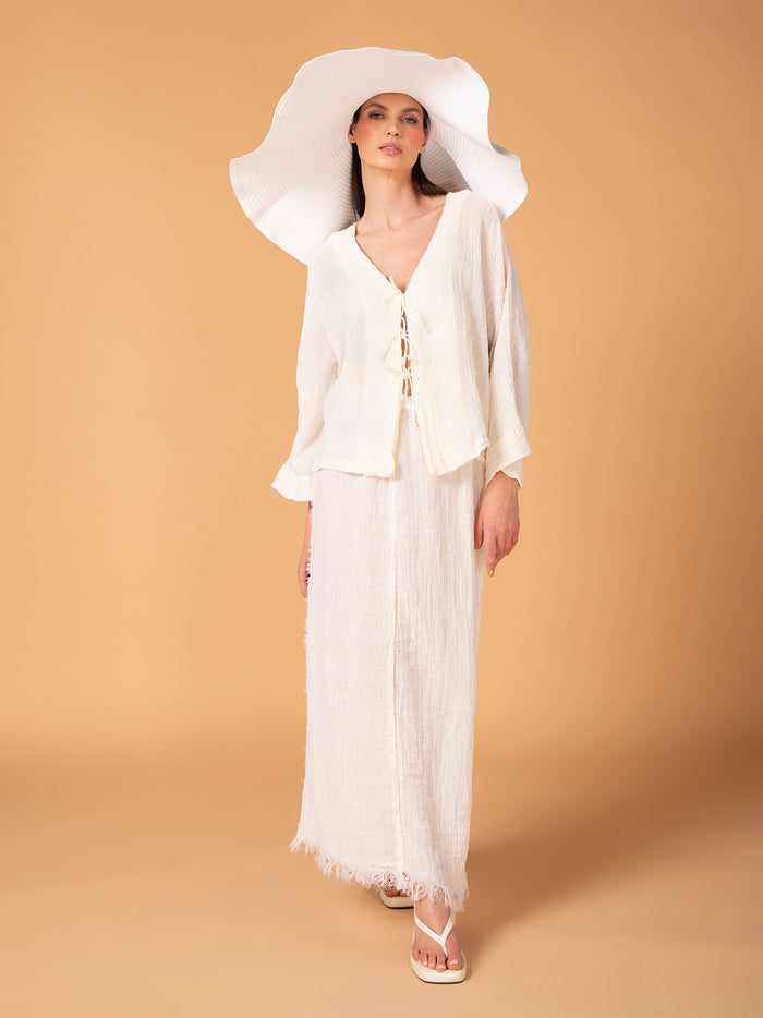 Blouse with three drawstrings in crinkled linen