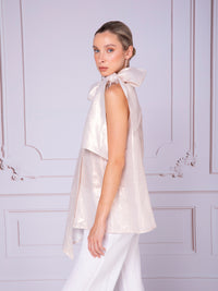 Pleated halter neck blouse with tie in metallic linen