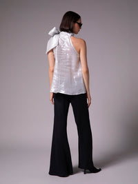 Pleated halter neck blouse with tie in metallic linen