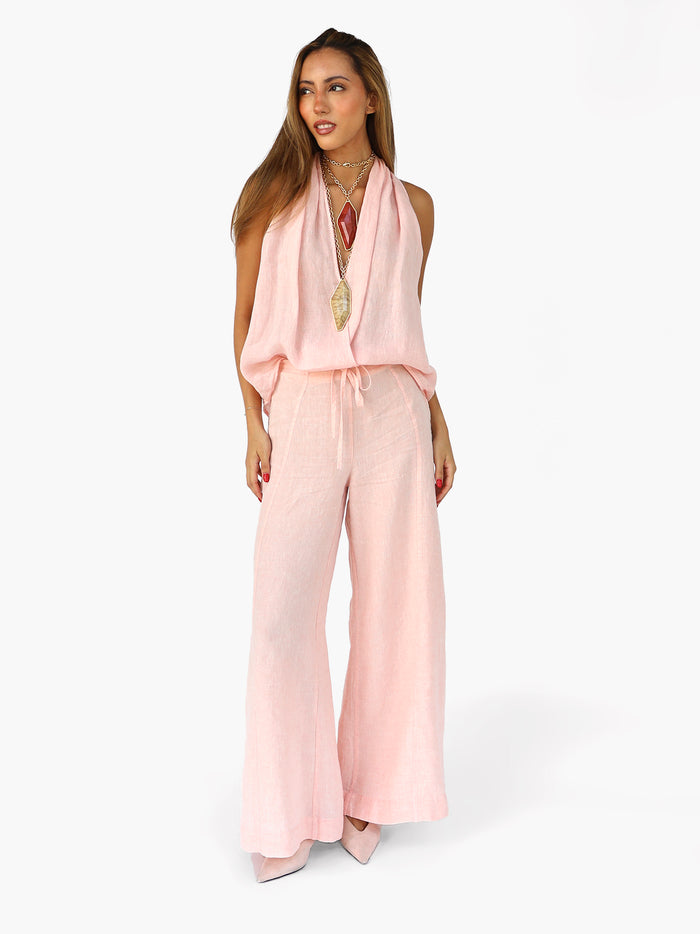 Halter blouse with pleats and crossover in linen