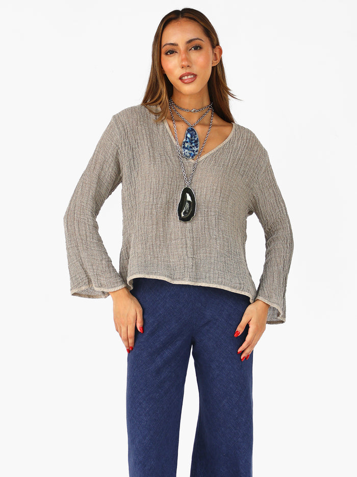 V-neck blouse with contrasting bias in linen