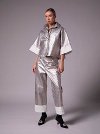 Shirt blouse with cuts in metallic linen