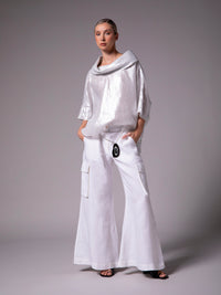 Blouse with boat neck in metallic linen