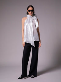 Pleated halter neck blouse with tie in metallic linen