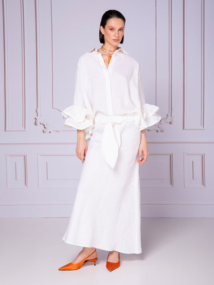 Oversized shirt with double ruffle in linen