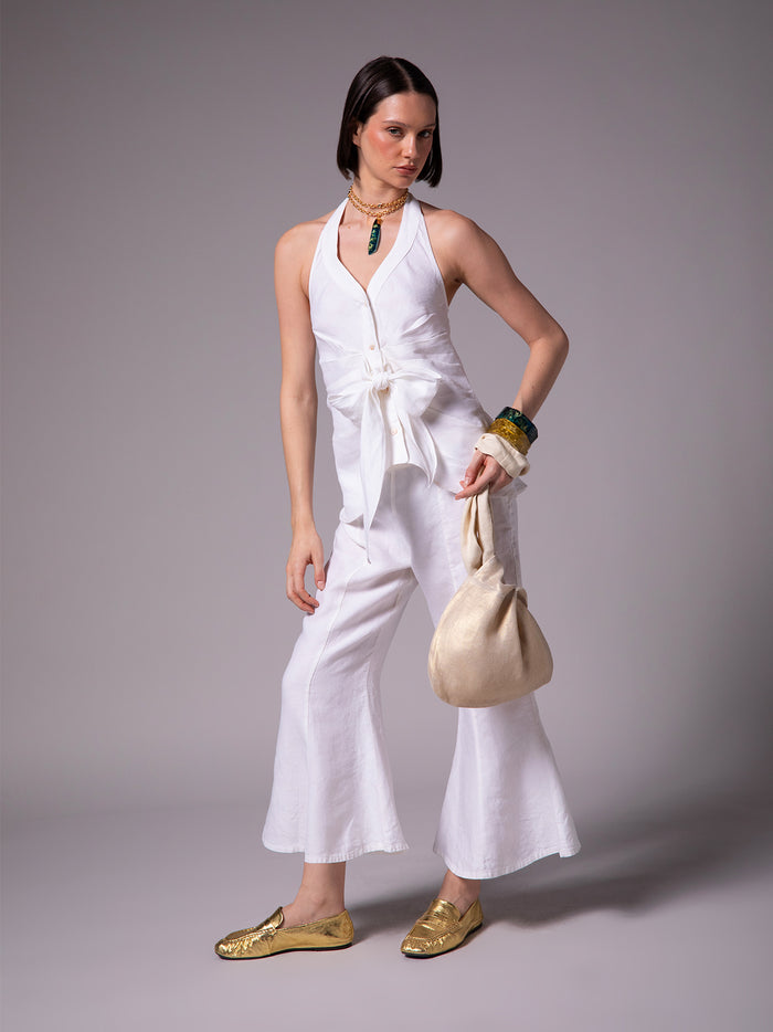 Halter blouse with front draping in linen