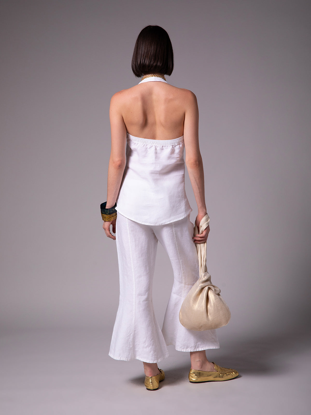 Halter blouse with front draping in linen