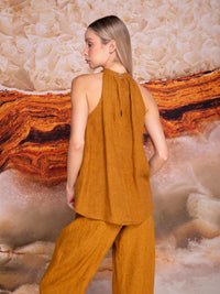 Halter blouse with pleats at neckline in linen