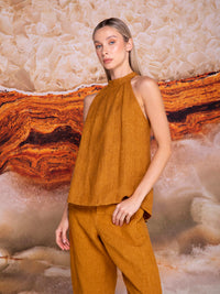 Halter blouse with pleats at neckline in linen