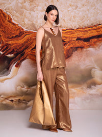 Spaghetti-strap blouse with back drawstring in iridescent linen