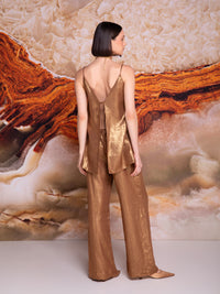 Spaghetti-strap blouse with back drawstring in iridescent linen