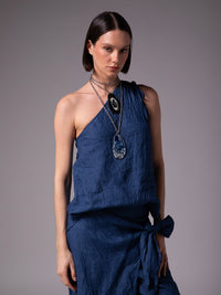 One-shoulder blouse with drawstring details in crinkled linen