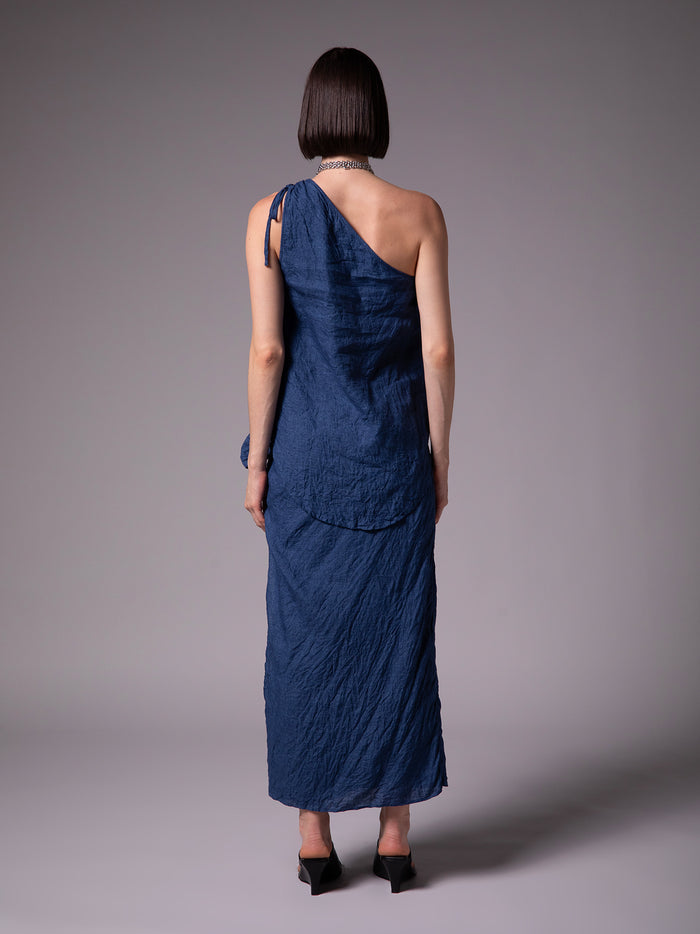 One-shoulder blouse with drawstring details in crinkled linen