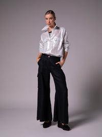 Shirt blouse with eupalettes in metallic linen