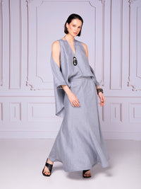 Off-shoulder blouse with mesh neckline in linen