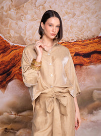 High-neck blouse with kimono sleeves in linen