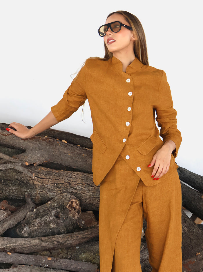 Jacket with Nehru collar and flap in linen