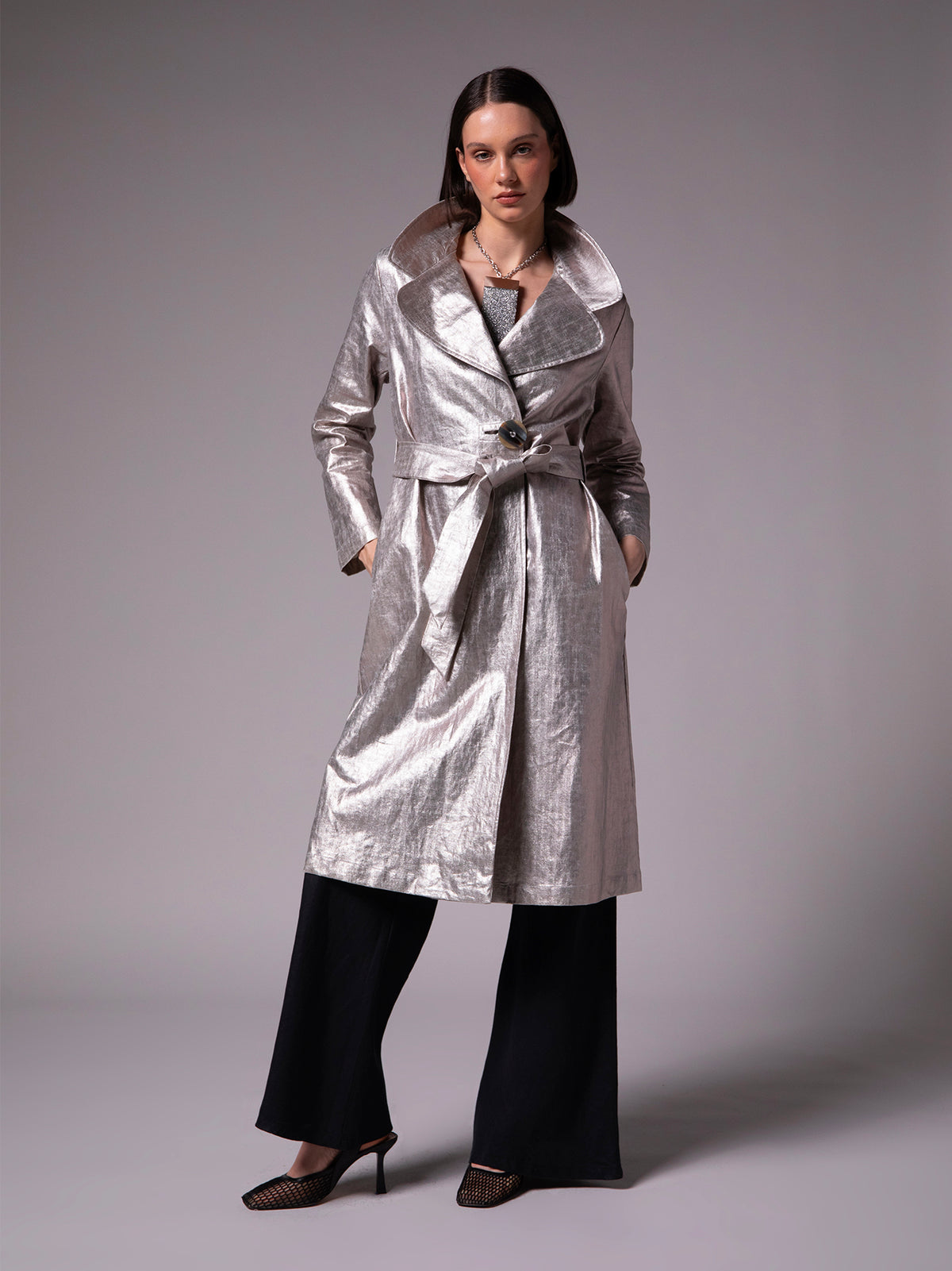 Women's long coat with belt in metallic linen