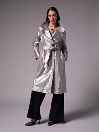 Women's long coat with belt in metallic linen