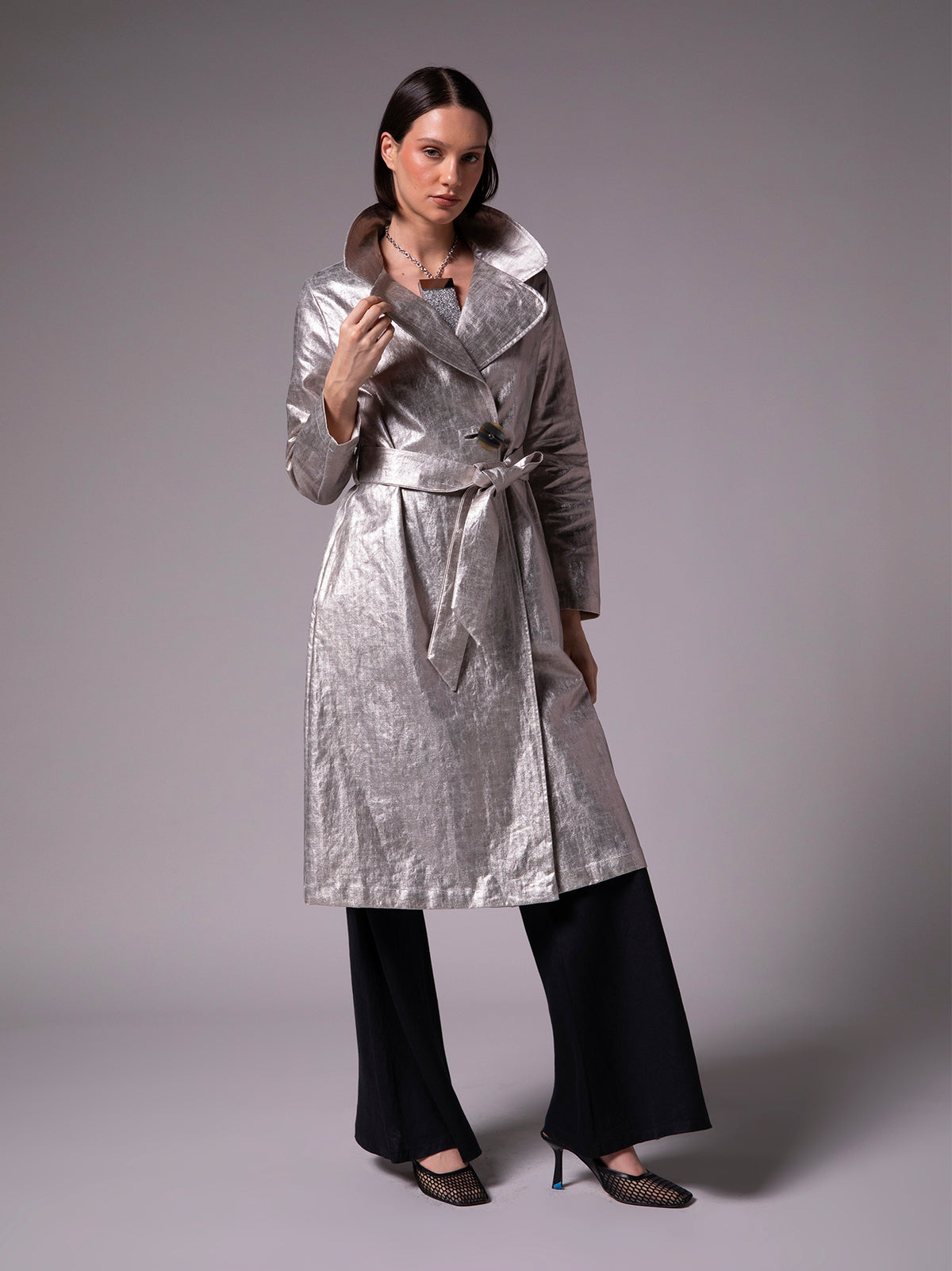 Women's long coat with belt in metallic linen