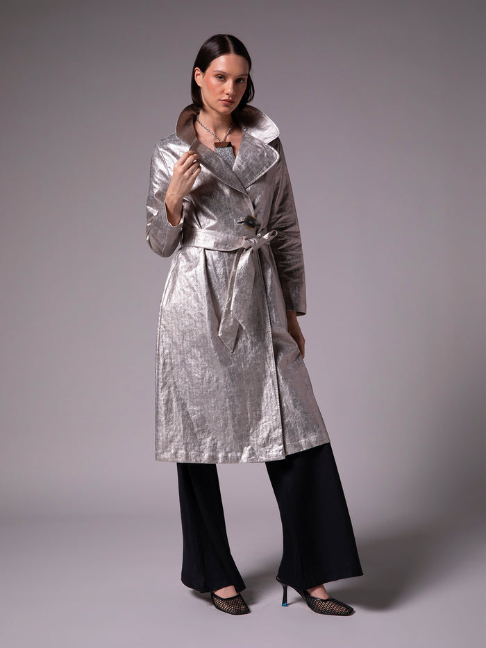 Women's long coat with belt in metallic linen