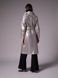 Women's long coat with belt in metallic linen