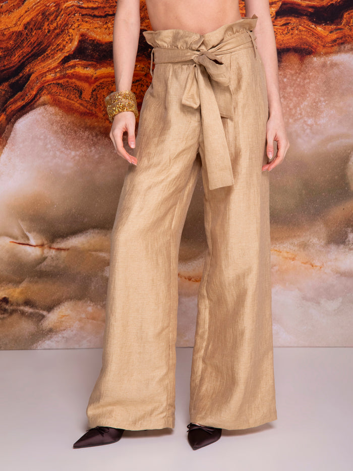 Wide-leg pants with ruffled waist in linen