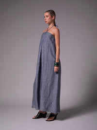 A-line dress with pleats and center strap in linen