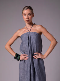 A-line dress with pleats and center strap in linen