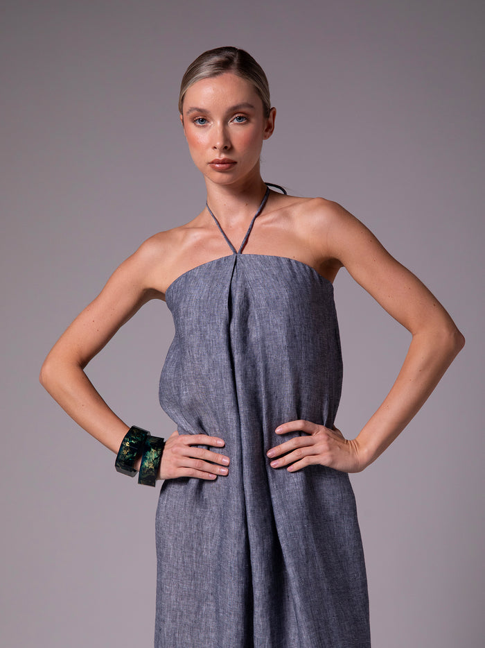 A-line dress with pleats and center strap in linen