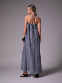 A-line dress with pleats and center strap in linen