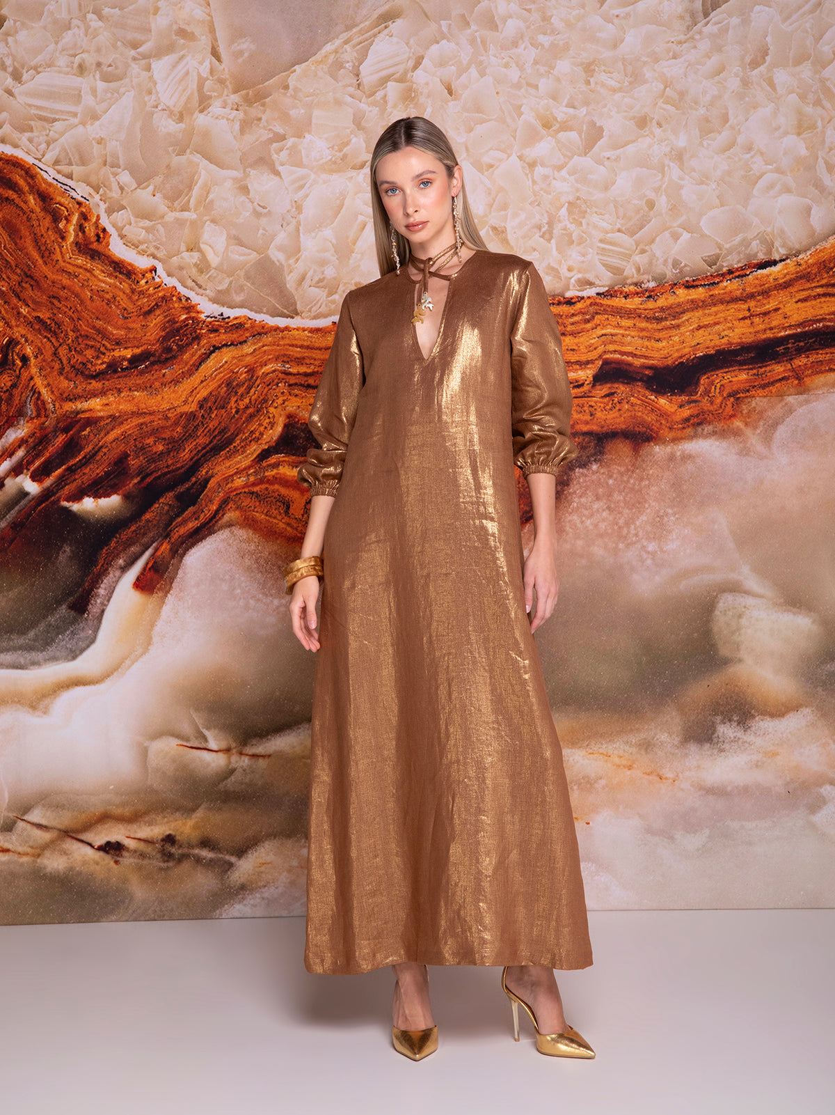 A-line dress with drawstrings in iridescent linen