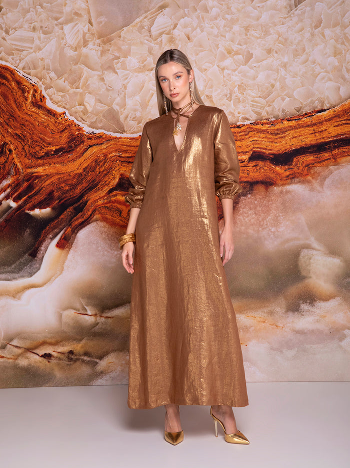 A-line dress with drawstrings in iridescent linen