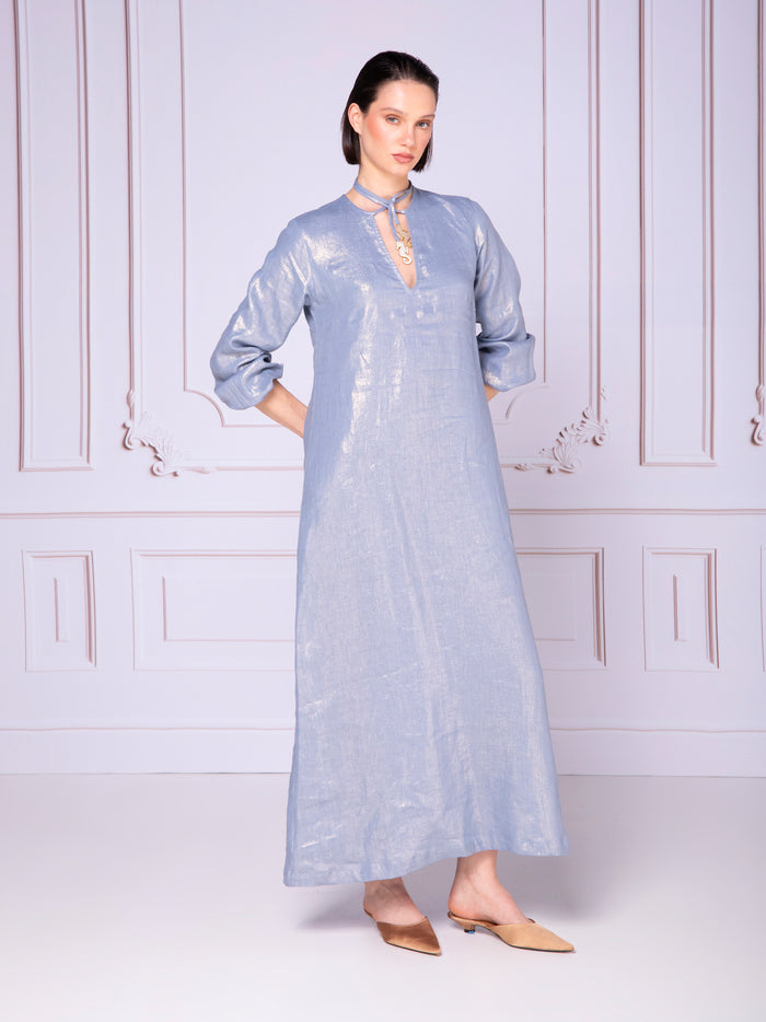 A-line dress with drawstrings in iridescent linen