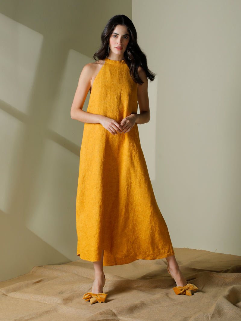 Backless halter dress in linen Velia Sierra Design International Backless halter dress in linen Velia Sierra Design International