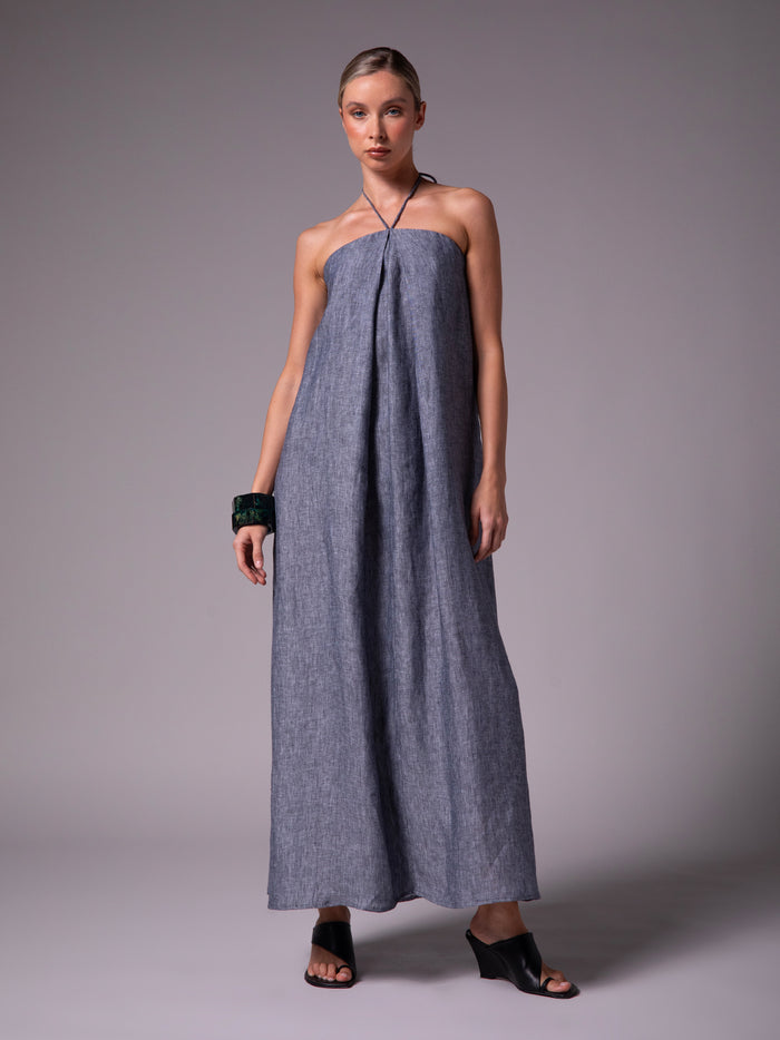 A-line dress with pleats and center strap in linen