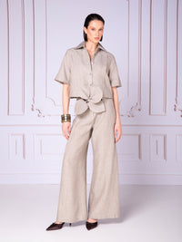 Short-sleeve blouse with pintucks in linen