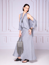 Off-shoulder blouse with mesh neckline in linen