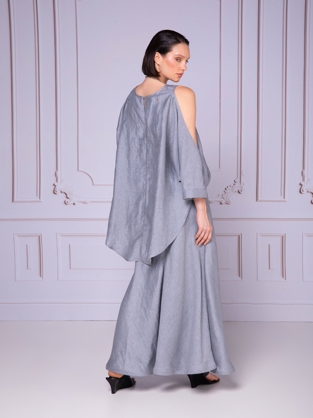 Off-shoulder blouse with mesh neckline in linen